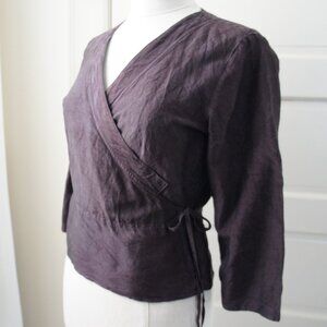 Dark Purple 100% Raw Silk Peplum Belted V Neck Top Size Small